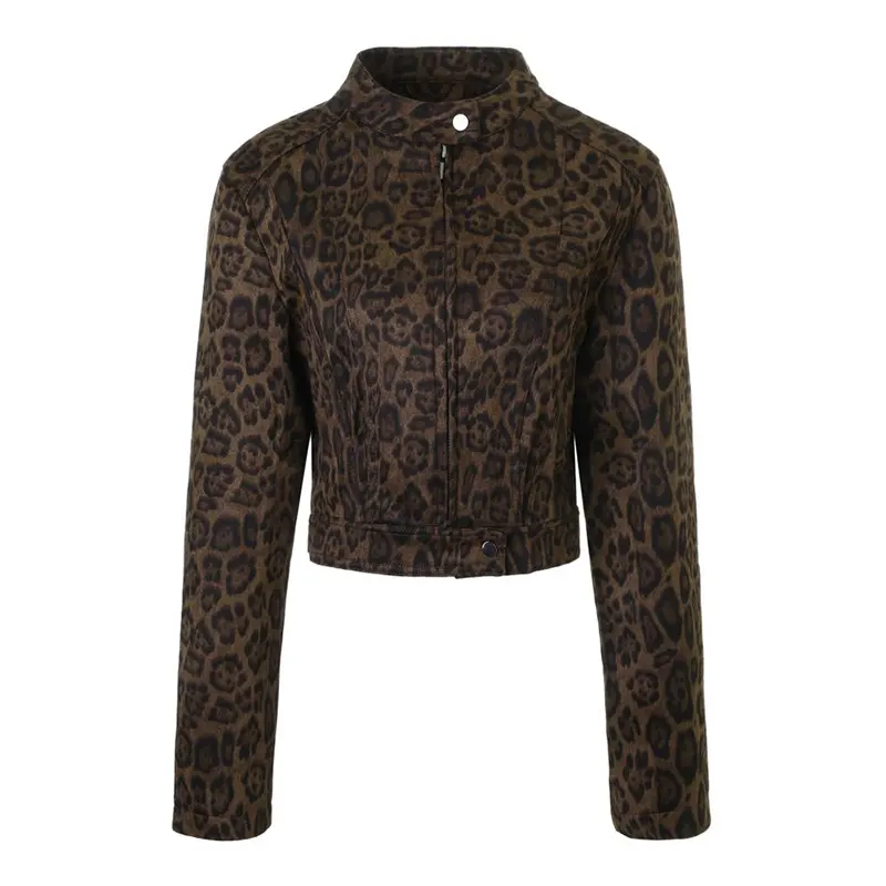 Crewneck Leopard প্রিন্ট Suede ক্রপড জ্যাকেট