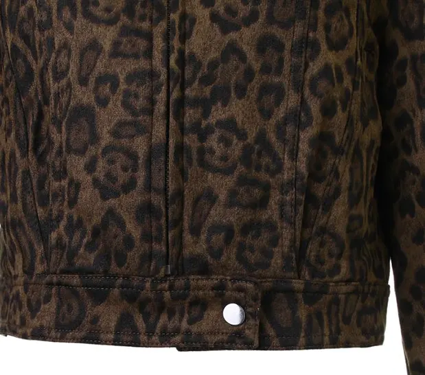 Crewneck Leopard Print Suede Cropped Jacket
